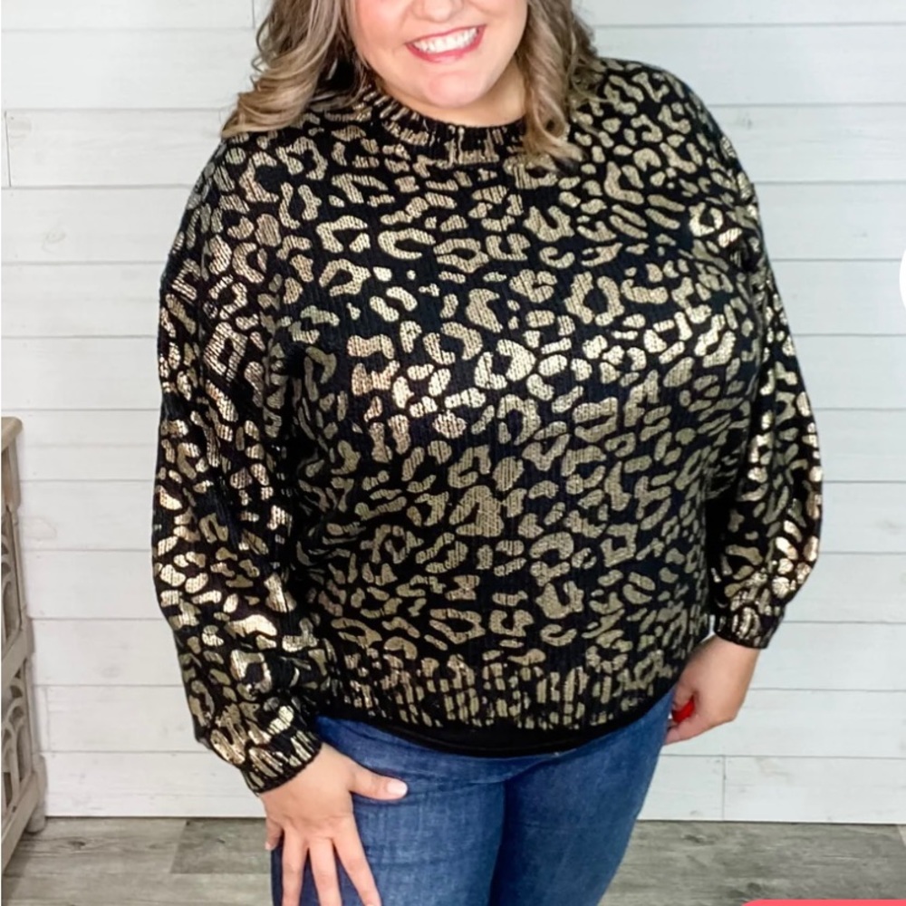 Plus size Foil Leopard Print Balloon Sleeve Sweater
